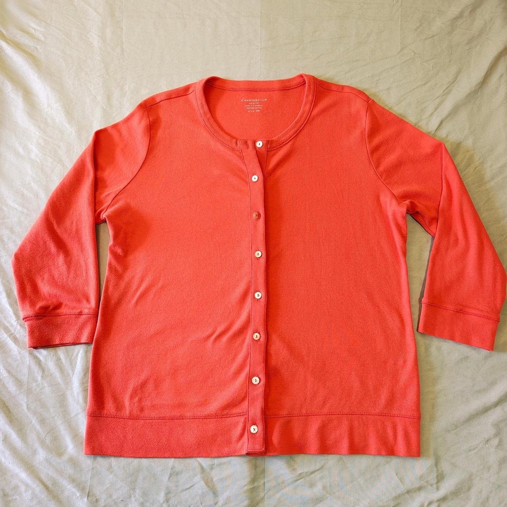 Charter Club Petite Pima Cotton Cardigan Sweater Coral Pink Orange Button Up PM